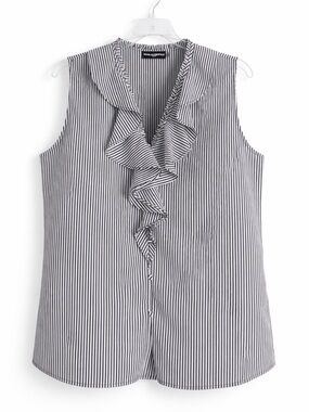 Karl Lagerfeld Black and White Striped Ruffle Sleeveless Blouse Size: Large